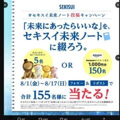 セキスイ未来ノートに綴ろう プレゼントキャンペーン　みらいおん ぬいぐるみセット、Amazonギフトカード1,000円≪155名≫